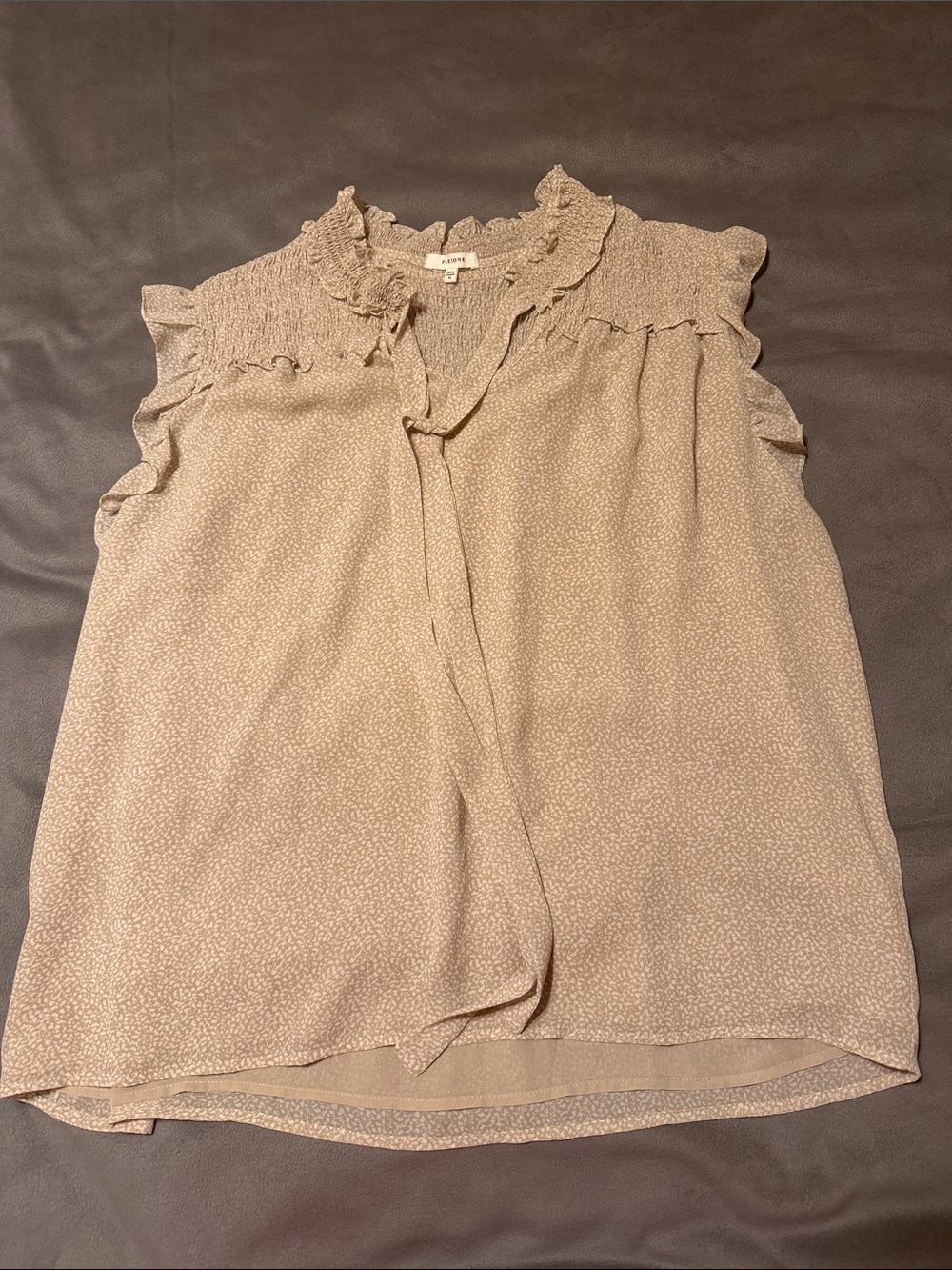 Pleione Taupe Sleeveless Ruffle Neck Blouse